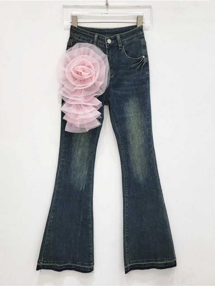 GPBD  Vintage Trendy Women's Mesh Flower Gradient Design Flare Jeans 2025 Autumn Fashion High Waist Denim Pants Female 29L7906