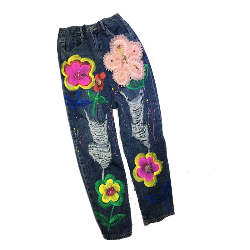 Mesh 3d Patch Flowers Beading Embroidery Streetwear Women Jeans 2023 New Summer Elastic Waist Straight Hole Denim Beggar Pants