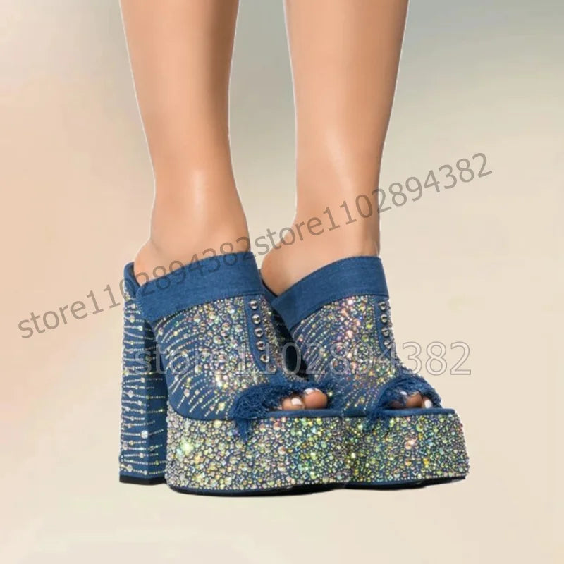 Blue Denim Ruffles Rhinestone Decor Platform Slippers Slip On Women Shoes Chunky High Heels Peep Toe 2023 Zapatos Para Mujere