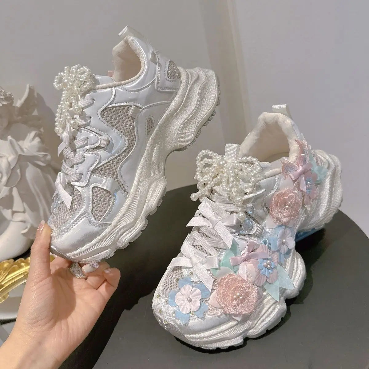 Colorful Embroidery Floral Women Chunky Sneakers Platform Thick Soled Daddy Shoes Pearls Beaded Bow Ladies Trainers Footwear