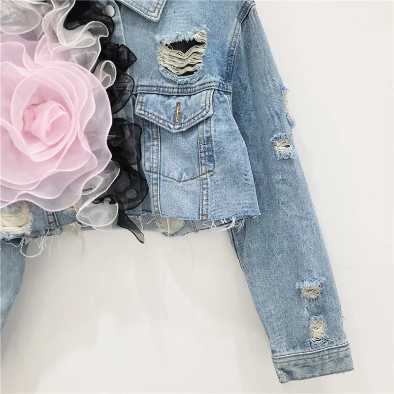 European Station 2025 New Heavy Industry Mesh Splicing Personality Hole Design Sense Short Loose Denim Jacket Fashion For Women