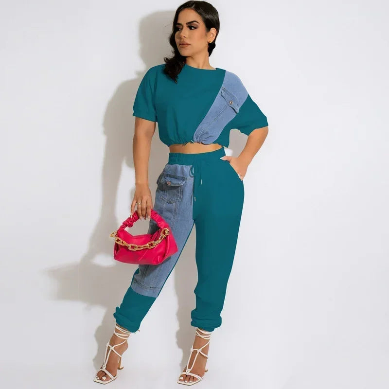 KEXU Workout Jean Patchwork Women Two Piece Set Outfits Sweatsuit  Summer Tee and Jogger Pants Matching Set Casual Tracksuit