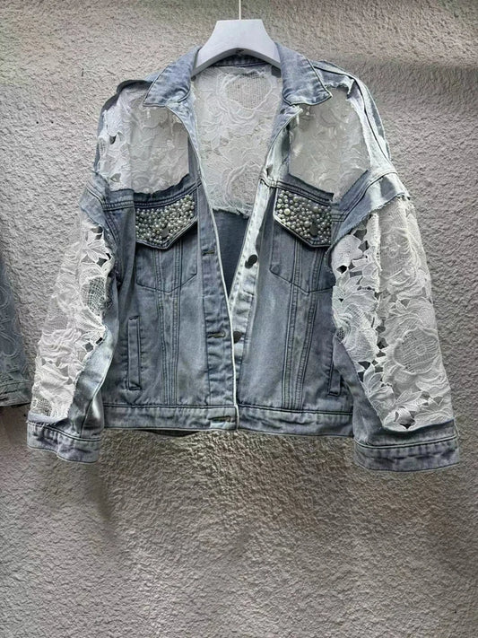 2024 Spring And Autumn New Loose And Versatile Mesh Perspective Lace Embroidery Beaded Short Denim Coat Women's Fashion Jackets