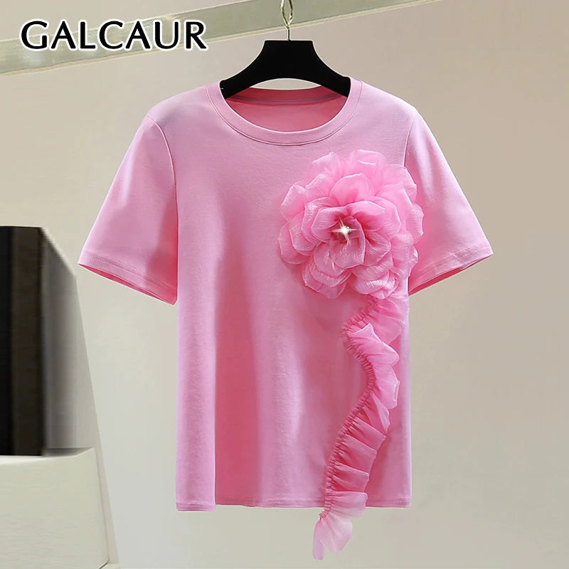 GALCAUR Solid Loose Spliced Diamond T Shirts For Women Round Neck Short Sleeves Patchwork 3D Flower Elegant Top Female Fashion