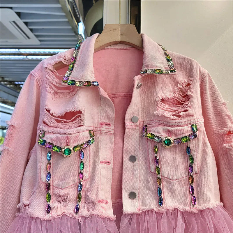 Heavy Work Diamonds Pink Short Holes Denim Jacket Fashion Mesh Stitching Slim Lapel Long Sleeve Spring New Women Jeans Jacket