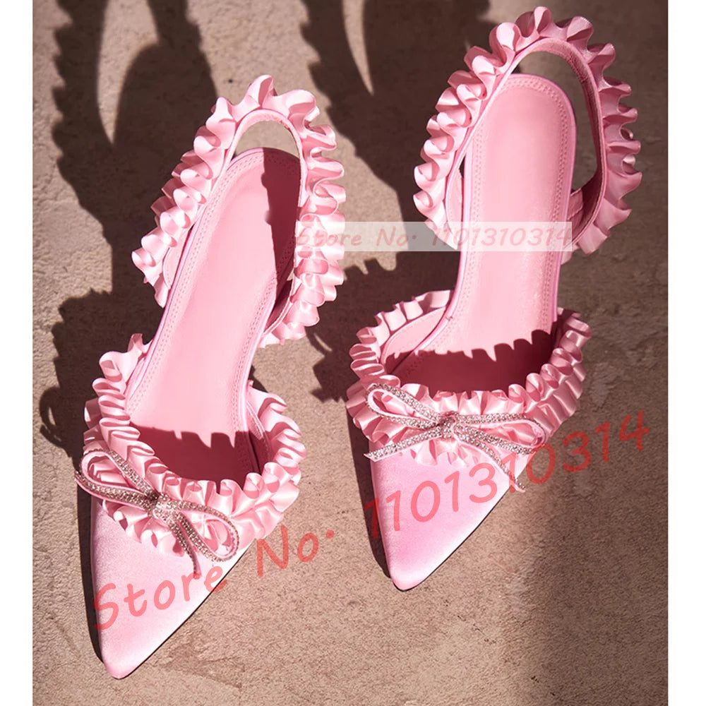 Pink Ruffle Satin Bow Sandals Ladies Trendy Pointy Toe Classy Slingback High Heels Sandals Women Girls Sweet Party Casual Shoes