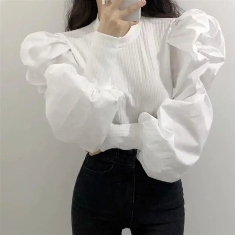 Knit Puff Long Sleeve Blouse Women Solid Color Basic Shirt Pulovers Lady Office Work Wear Top Elegant Female Black White