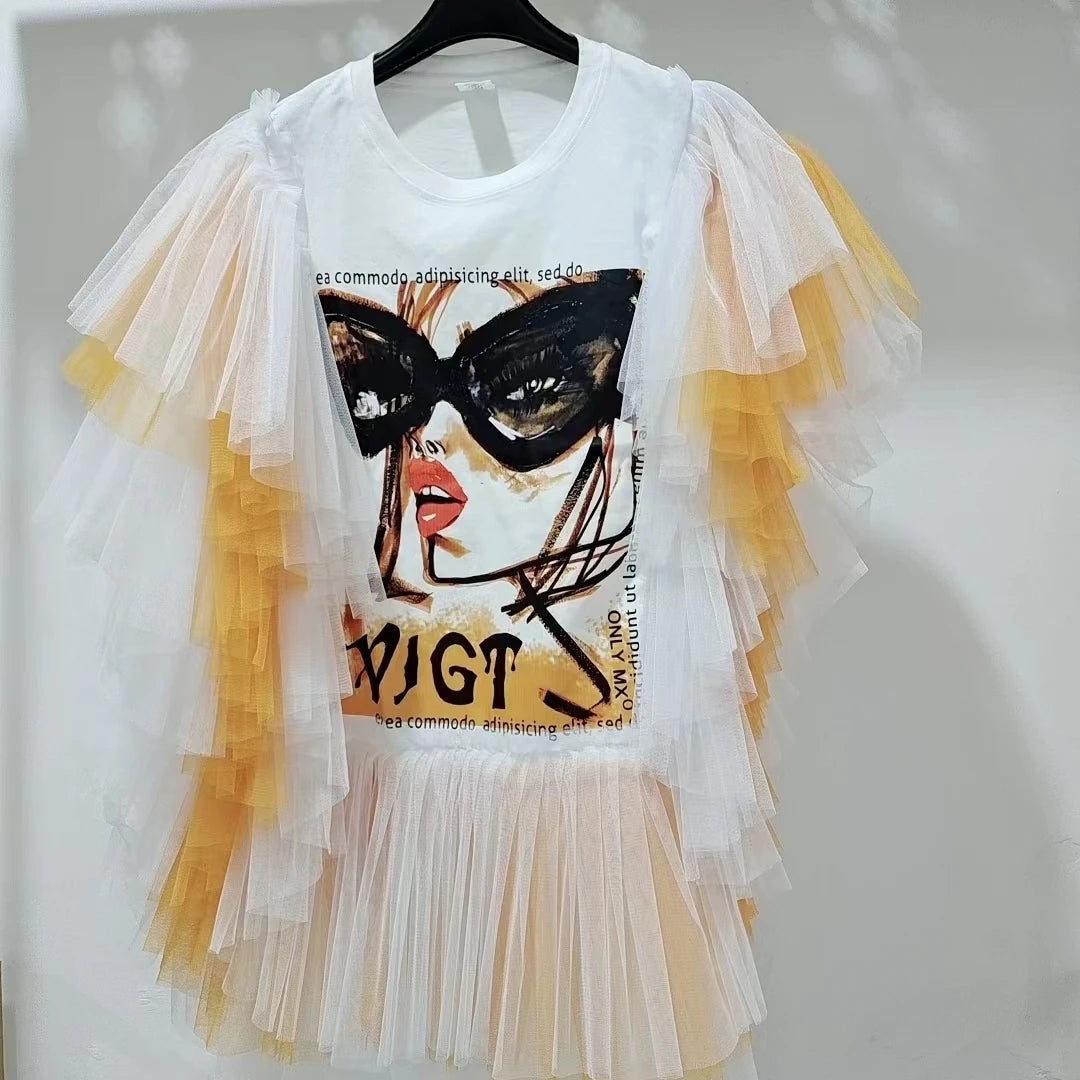 Chic Mesh Splicing Ruffles Girls Graffiti T-Shirts White Loose Short Flare Sleeve Gauze Patchwork Pleated Tees Jumpers Crop Tops