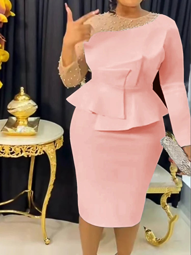 Pink Ruffle Elegant Dress Women Long Sleeve Beaded Mesh Patchwork Peplum Slim Pencil African  Evening Part Church Event Dresses