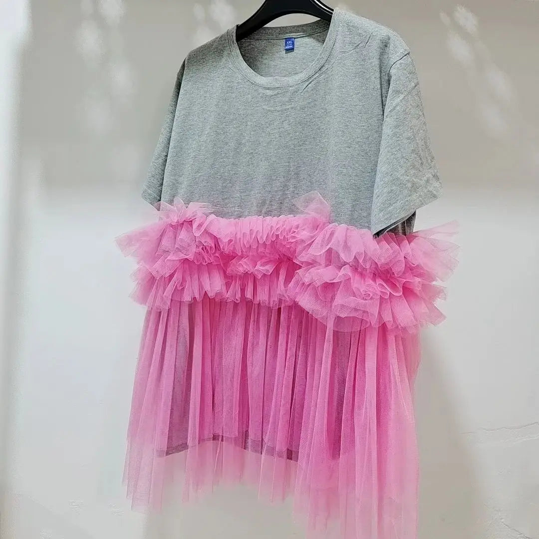 Chic Pink Mesh Splicing Ruffles T-Shirts Gray Spring Summer Gauze Pleated Short Sleeved Tees Jumpers Loose O-Neck Crop Tops