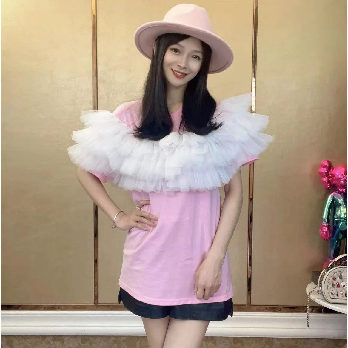 Summer Women Mesh Spliced Ruffles T-Shirts Dress Slim Mid Length Gauze Pleated Tees Jumpers Long O-Neck Contrast Color Crop Tops