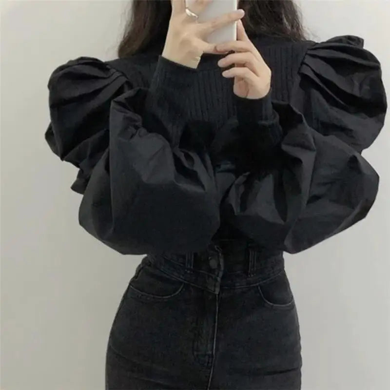 Knit Puff Long Sleeve Blouse Women Solid Color Basic Shirt Pulovers Lady Office Work Wear Top Elegant Female Black White