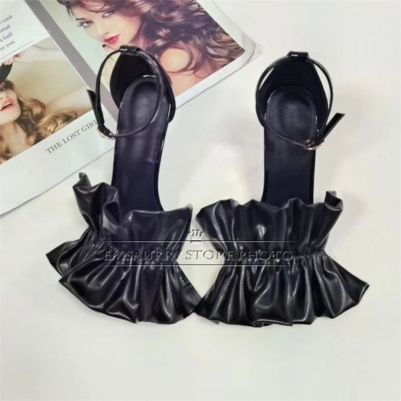 Sewing Pleated Ruffles Modern Sandals Women Ankle Strap 10cm Sharp Stiletto Heel Open Toe Cover Heels Summer Shoes