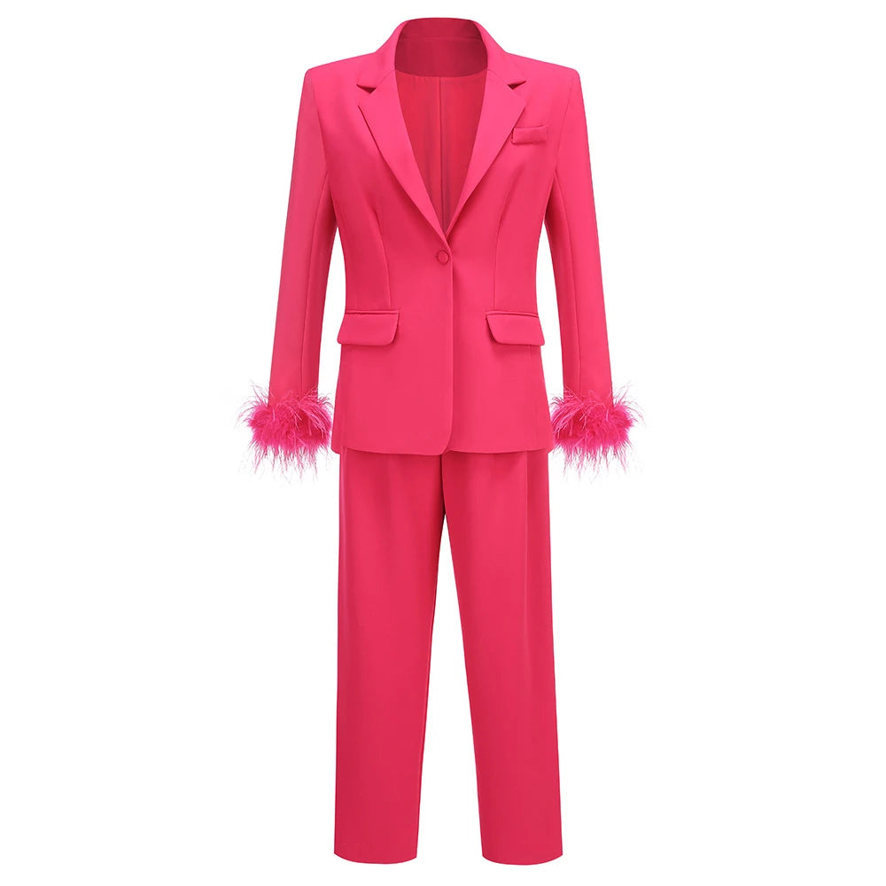 TWOTWINSTYLE Chic Two Piece Set For Women Notched Collar Long Sleeve Spliced Feathers Blazer High Waist Pant Elegant Sets Female