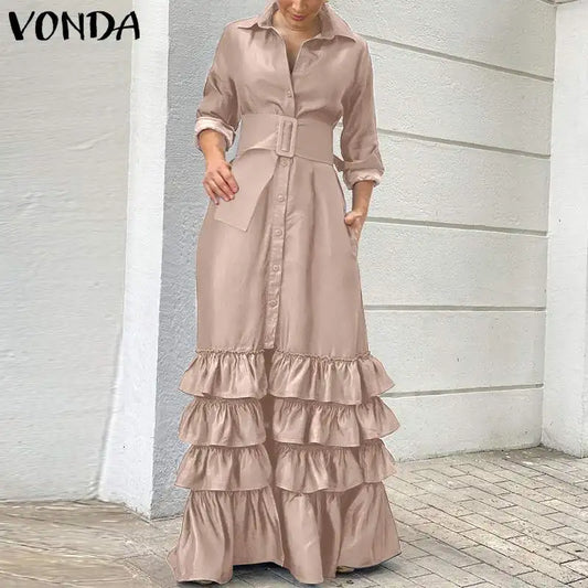 VONDA Autumn Elegant Shirt Dress 2023 Women Party Maxi Dresses Ladies Long Sleeve Solid Lapel Button Belted Elegant Long Vestido