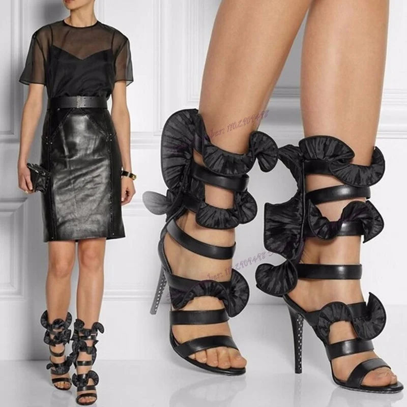 Black Ruffles Slip On Sandals Open Toe Shoes for Women Back Zipper Thin High Heel Summer Fashion Shoes 2023 Zapatos Para Mujere