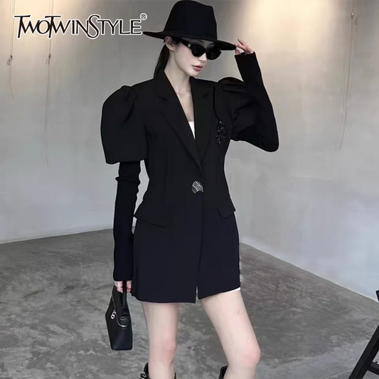 TWOTWINSTYLE Solid Designer Blazers For Women Lapel Neck Puff Sleeve Tunic Patchwork Button Temperament Coats Female Fashion New