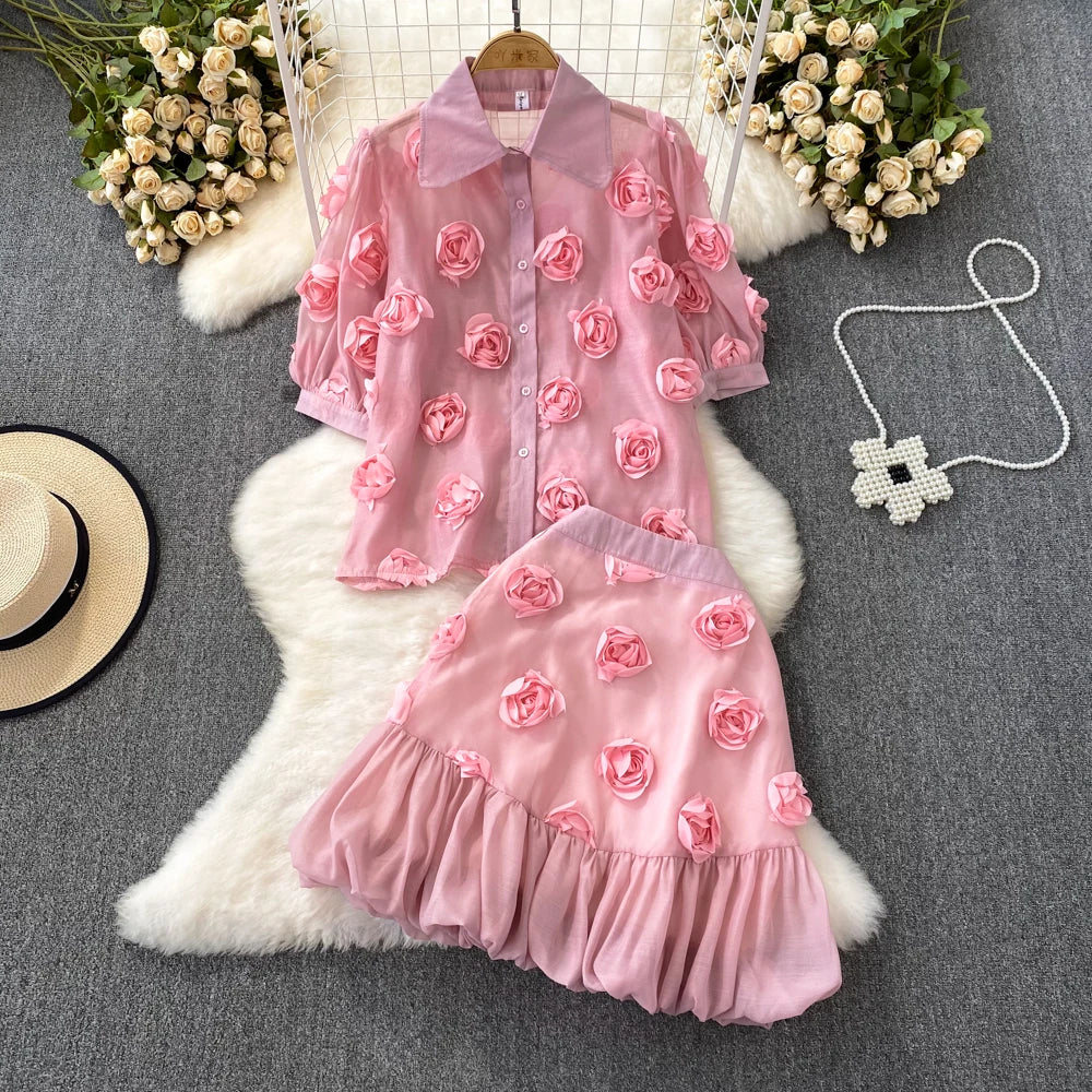 Summer Runway 2 Pieces Suit Women's Lapel Puff Sleeve 3D Applique Flower Pink Blouses and Mini Ruffles Skirt Set Clothing N8698