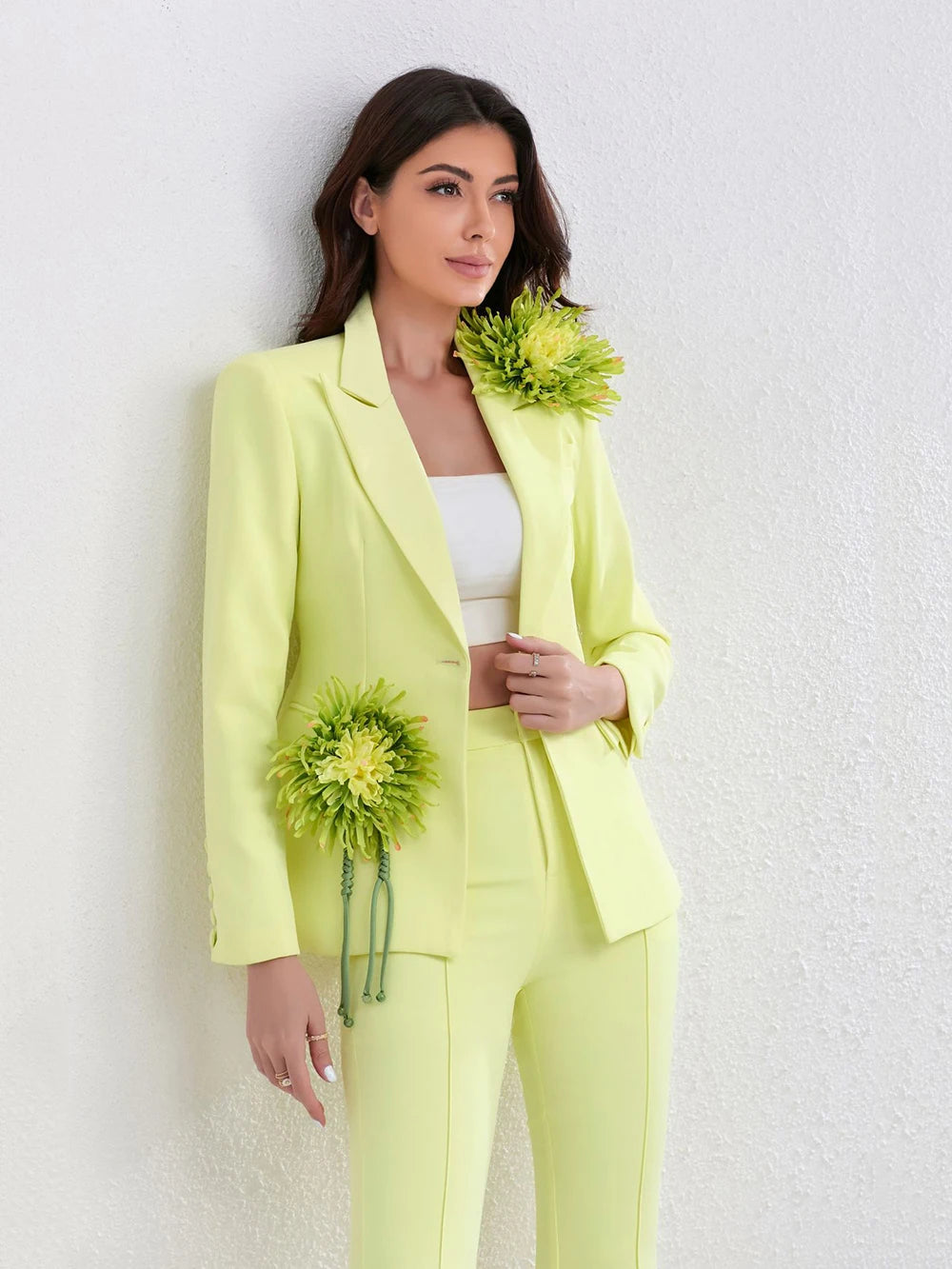 Modphy Newest Fashion 2024 Autumn Suit Set Women's 3D Flowers Single Button Blazer Flare Pants Suit 2 pcs outfit