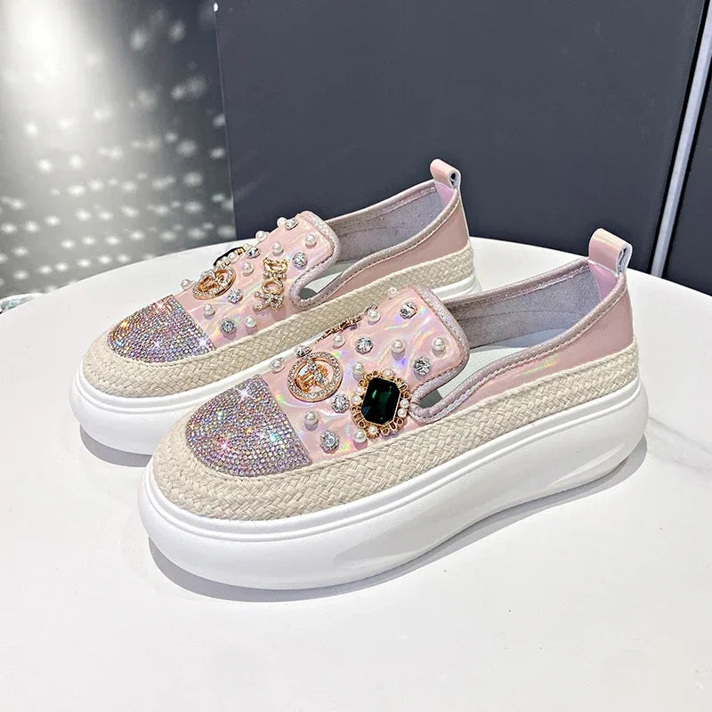 High Appearance Level Thick-soled Increase Breathable Slip-on Rhindiamond-pearl Fashion All Comfortable Non-slip Single Shoes