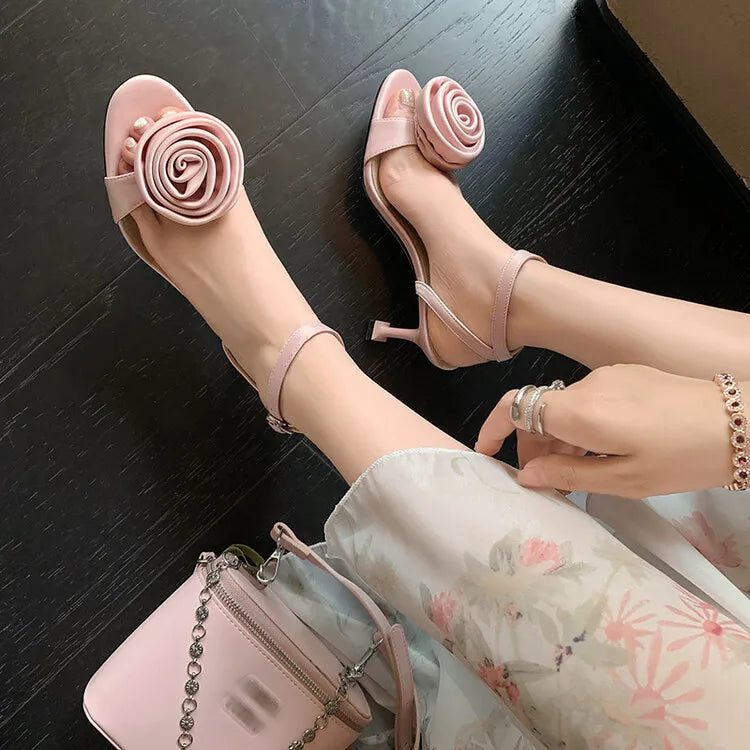 Elegant Pink Silk Women Sandals Flowers Decor Thin High Heels Party Pumps Black Chic Dress Summer Shoes Ankle Strap Sandalias