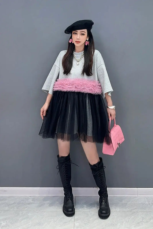 Spring Summer Women Mesh Spliced Ruffles T-shirts O-Neck Gauze Pleated Tees Mid Length Loose Contrast Color Jumpers Crop Tops