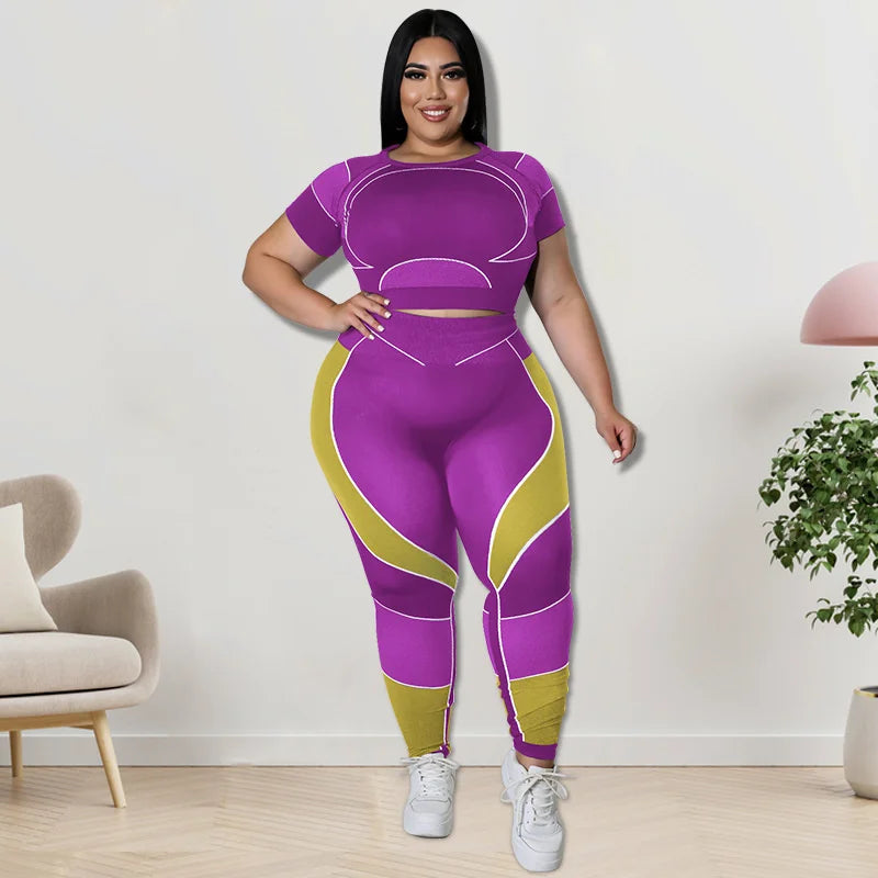 Plus Size Sets Women's Clothes Tracksuit Short Top and Pant Two Piece Sets Gym Joggers New Sports Outfits High Elastic Yoga Set