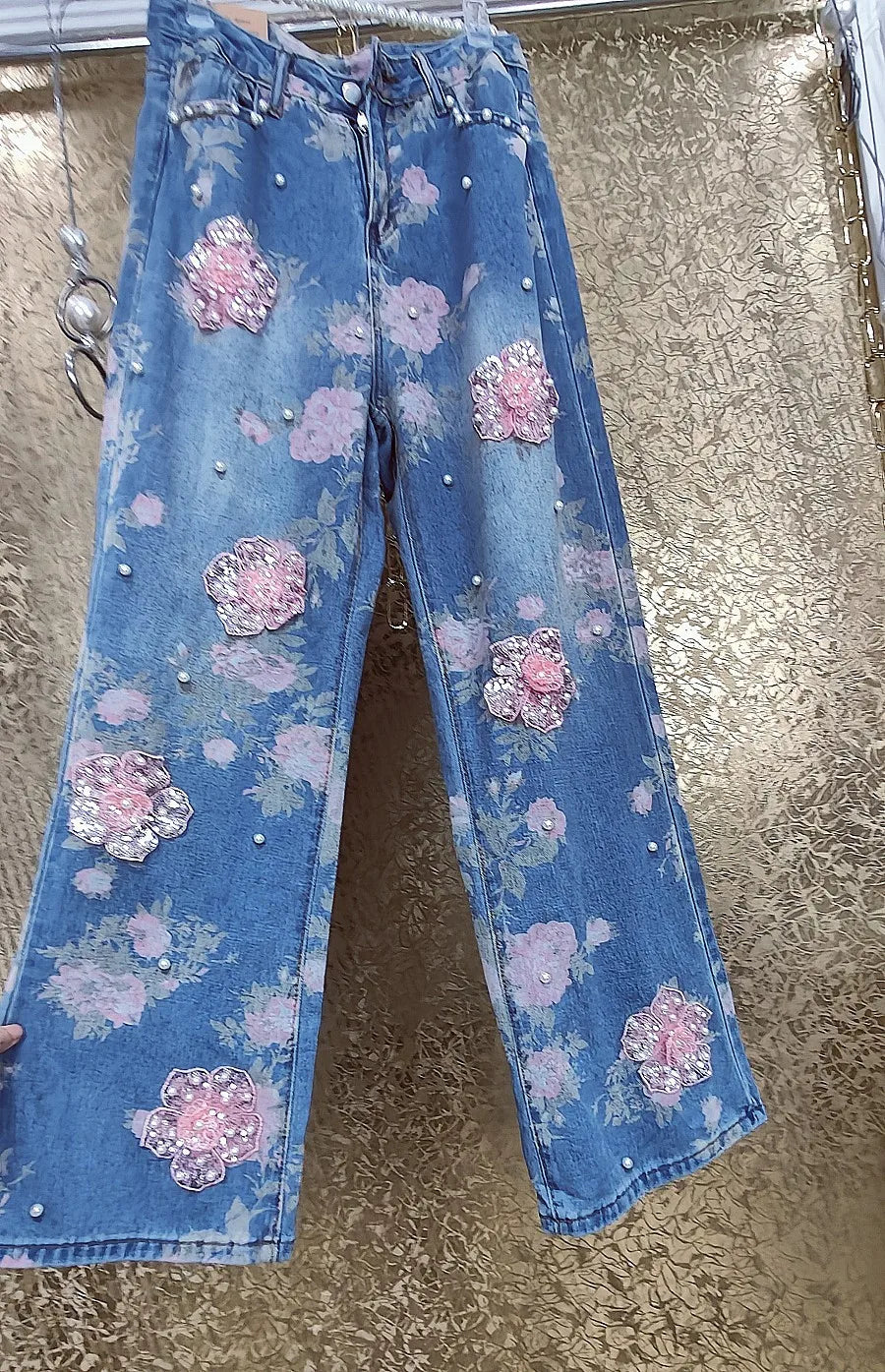 Luxury Handmade Beaded Pearls Beaded Sequins 3D Floral Embroidery Full Body Pink Flowers Denim Pants Wide Legs Jeans Trousers