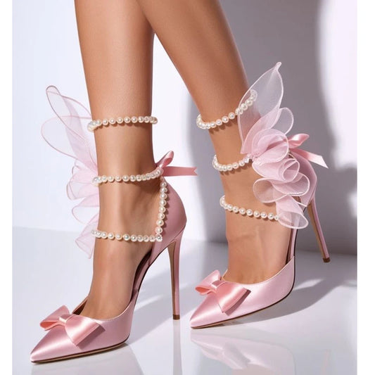 Pink Pointed Toe Bow Pearl Wrap Buckles Sandals Woman Summer 2025 Lace Closed Toe Stiletto High Heels Shoes for Women