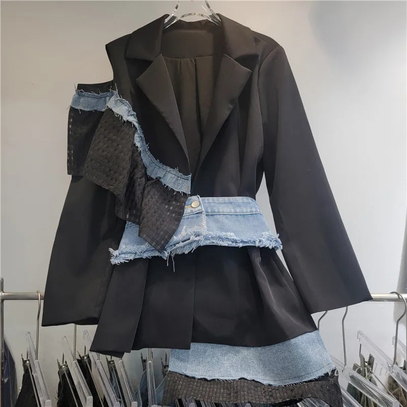 Heavy Industry Denim Splicing Blazer Women's 2024 New High-end Design Single Shoulder Hollow Loose Suit Coat Slimming Coats