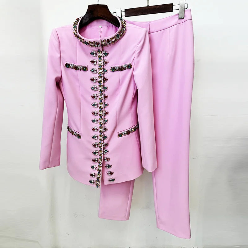 Luxury 2025 Spring Crystal Pants Suits Two Piece Sets Women's Blazers Long Trousers Pink Suit Coats Wide Leg Pants 2pcs Outfits