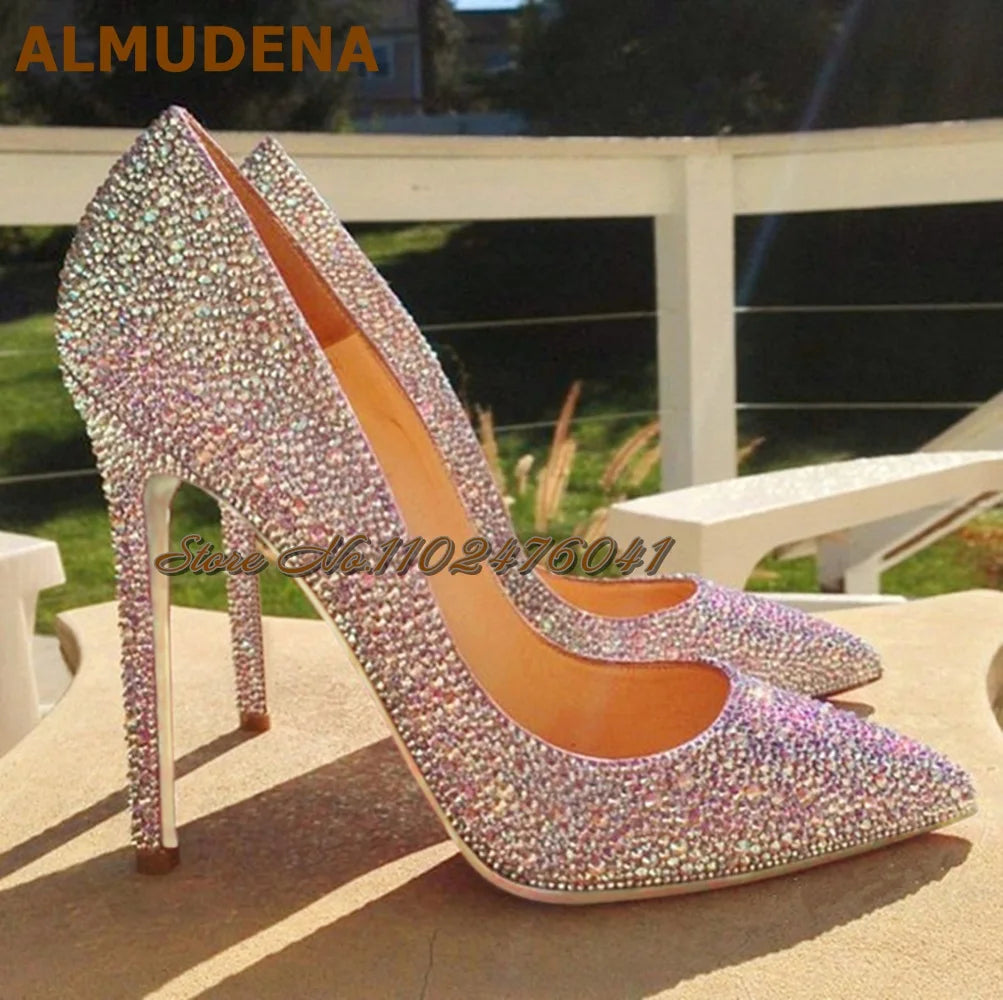 Almudena Silver Gold Full Crystal Bling Bling Wedding Shoes 12cm 10cm 8cm Stilettos Pointed Toe Shallow Pumps Rhinestone Heels