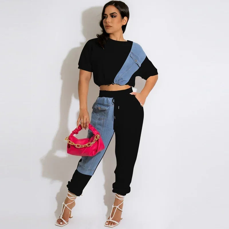 KEXU Workout Jean Patchwork Women Two Piece Set Outfits Sweatsuit  Summer Tee and Jogger Pants Matching Set Casual Tracksuit