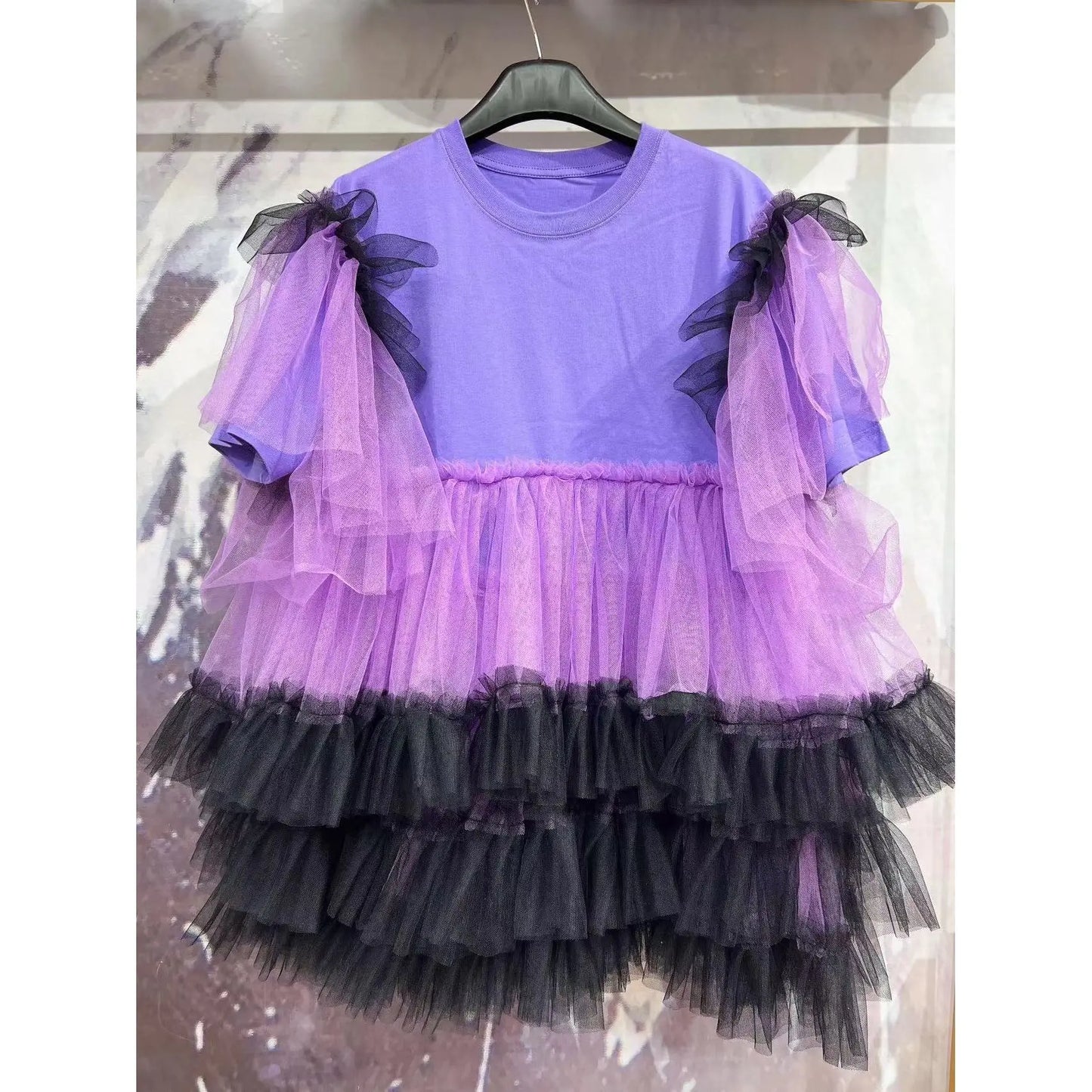 Chic Purple Mesh Ruffles Spliced Short Sleeve T-shirts Contrast Color Gauze Pleated Tees Skirt Splicing Lotus Dress Vestidos