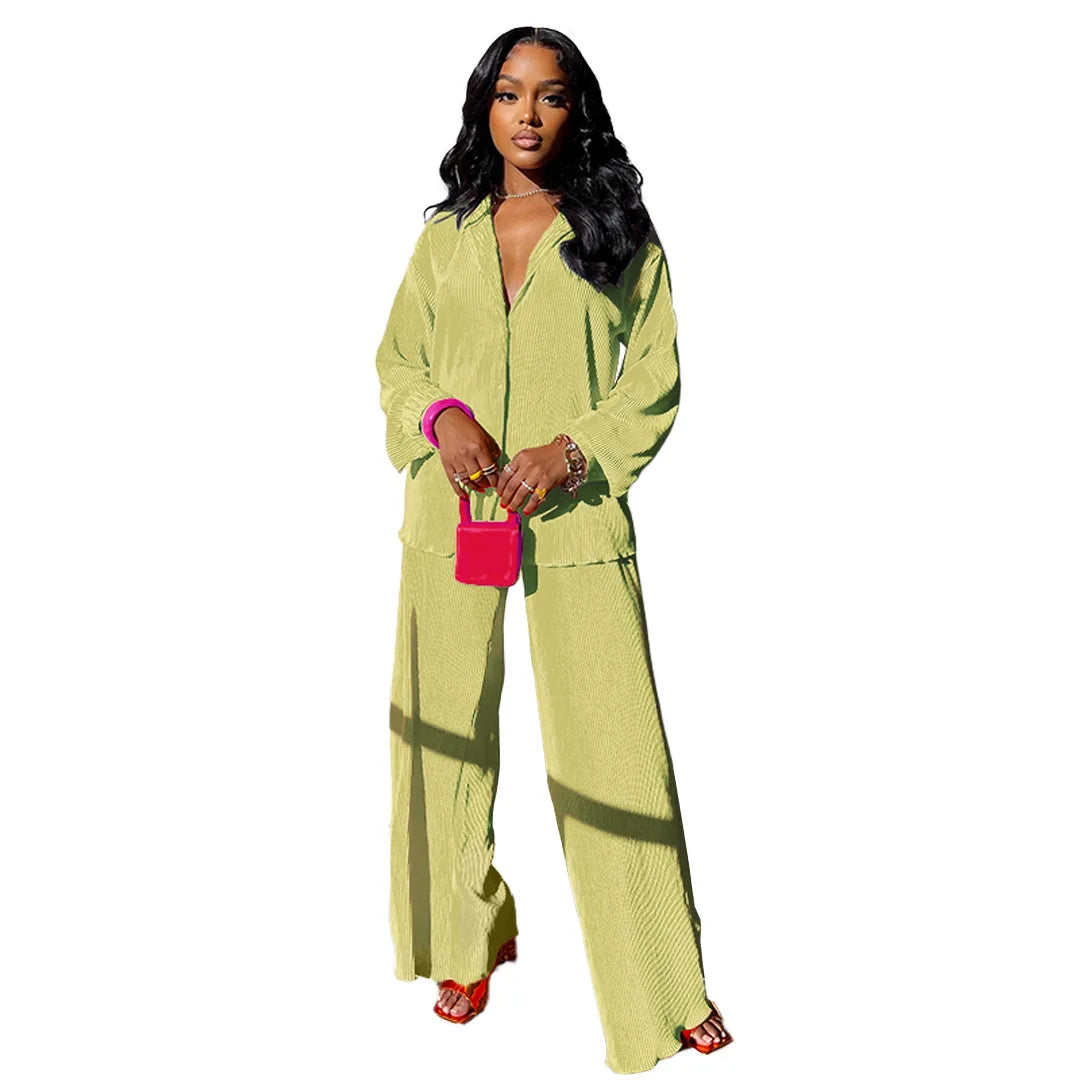 Women'S Set Casual Long Sleeve Shirt Tops And Wide Leg Pants Elegant Tracksuit Two Piece Set Sweatsuit Fitness Joggers Outfits