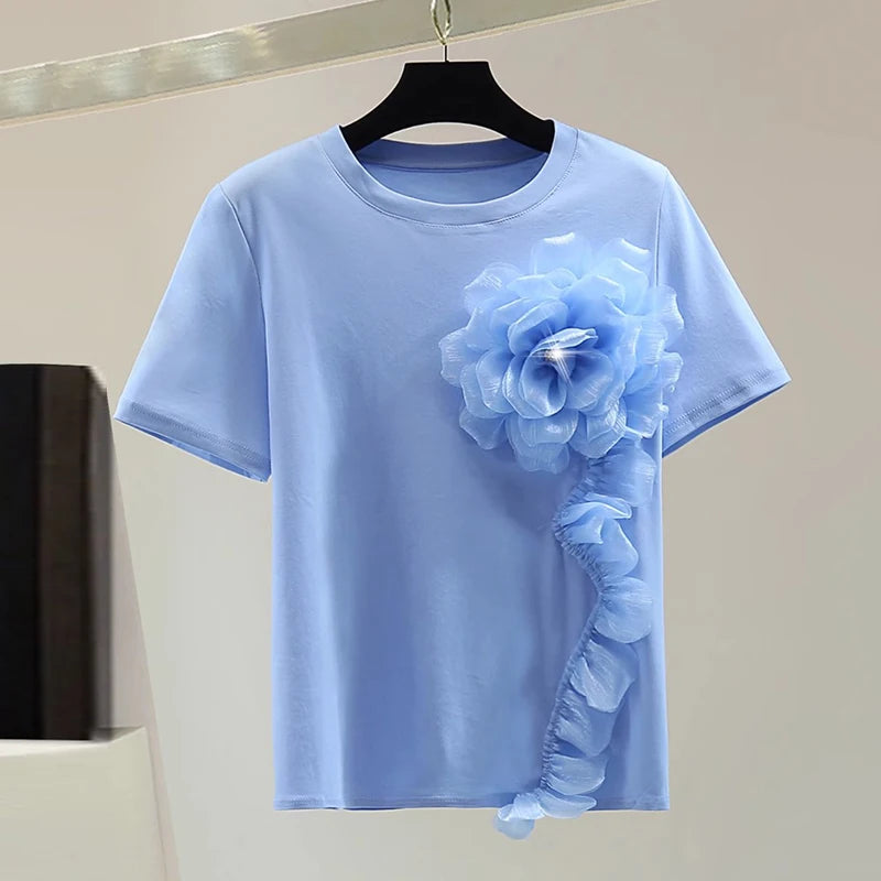 GALCAUR Solid Loose Spliced Diamond T Shirts For Women Round Neck Short Sleeves Patchwork 3D Flower Elegant Top Female Fashion