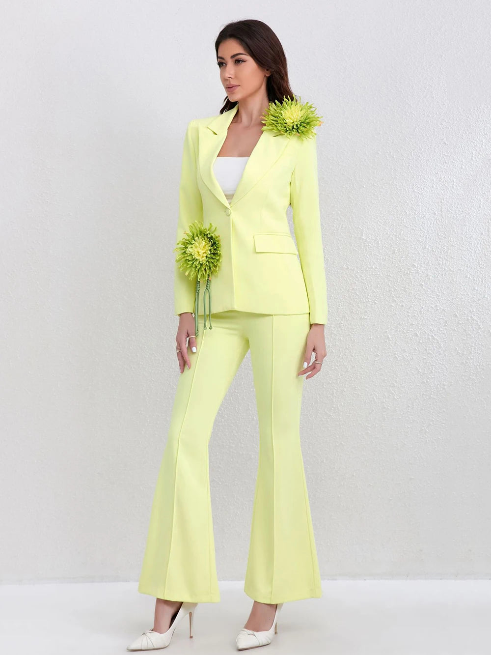 Modphy Newest Fashion 2024 Autumn Suit Set Women's 3D Flowers Single Button Blazer Flare Pants Suit 2 pcs outfit