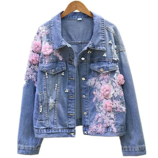 Fashion Women's Denim Jackets Korean Style Heavy Industry Embroidery Flower Hole Denim Coat Women Short Casual Jeans Jacket