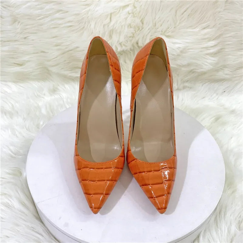 Party Women Pumps PU 12CM Stiletto 2022 New Orange Serpentine Pointed Shallow Mouth Roman Single Shoe Woman Shoe Brown