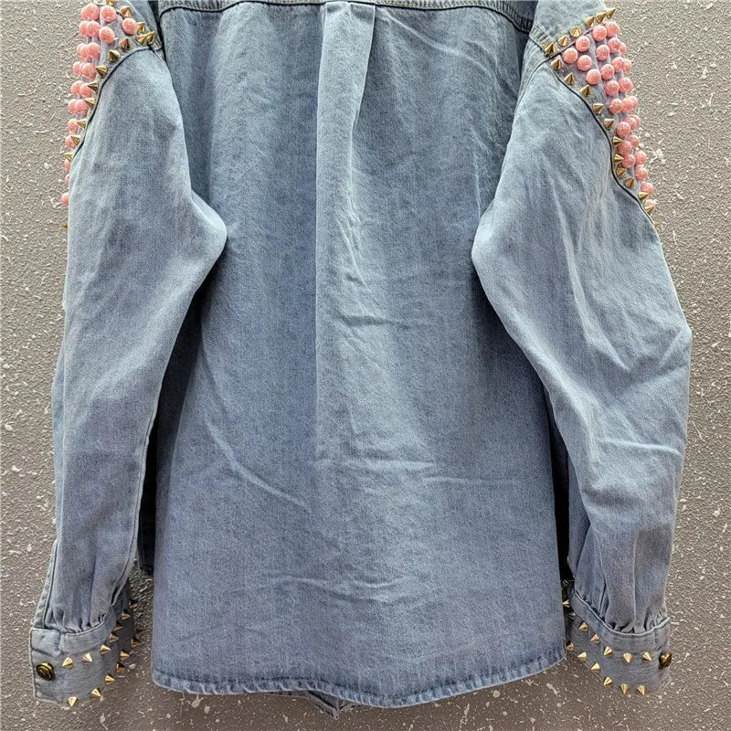 Spring Women Blue Denim Shirt Jacket Rivet Pearl Beaded Heart Pattern Casual Loose Long Sleeve Jeans Jackets Female Streetwear