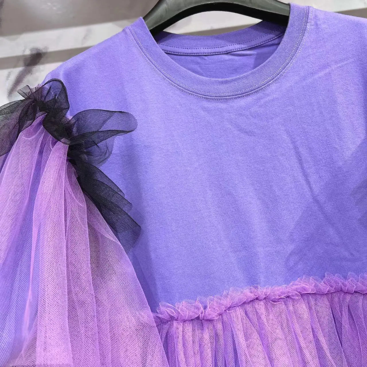 Chic Purple Mesh Ruffles Spliced Short Sleeve T-shirts Contrast Color Gauze Pleated Tees Skirt Splicing Lotus Dress Vestidos