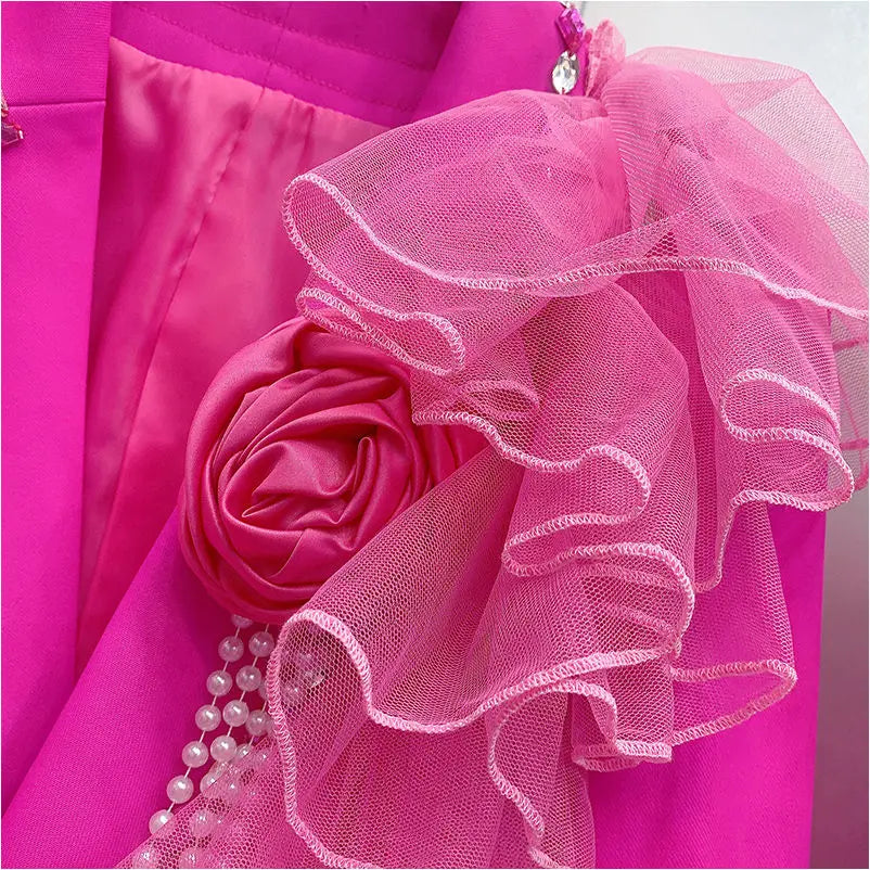 Glamorous Hot Pink Blazer with Ruffled Tulle & Pearl Embellishments