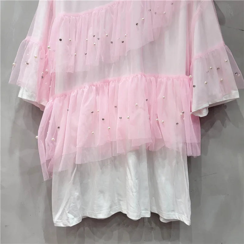 Women Diamonds Beaded Splicing Mesh Ruffles Fake Two Piece T-shirts Gauze Patchwork Pleated Pearls Beaded Tees Jumper Crop Tops