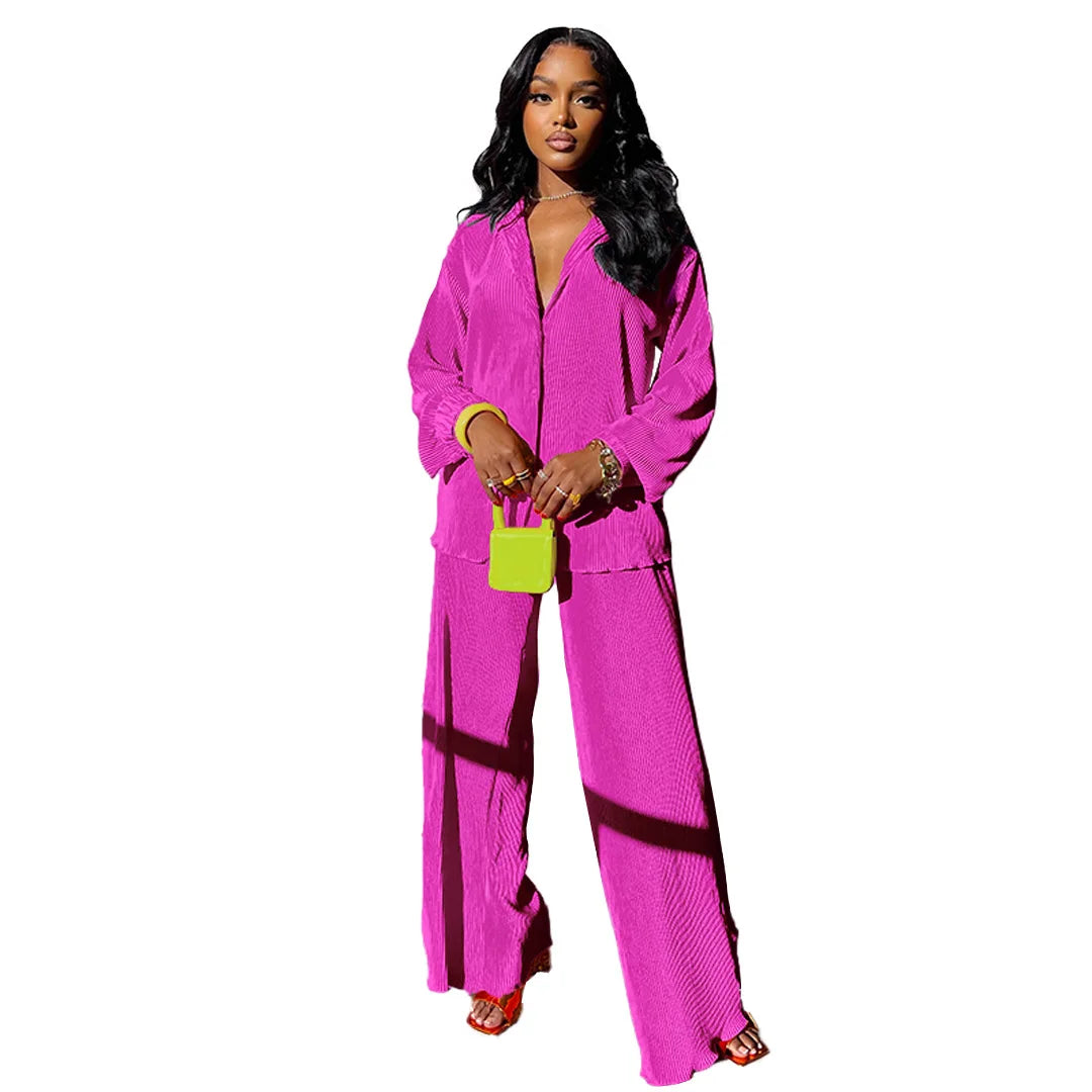 Women'S Set Casual Long Sleeve Shirt Tops And Wide Leg Pants Elegant Tracksuit Two Piece Set Sweatsuit Fitness Joggers Outfits