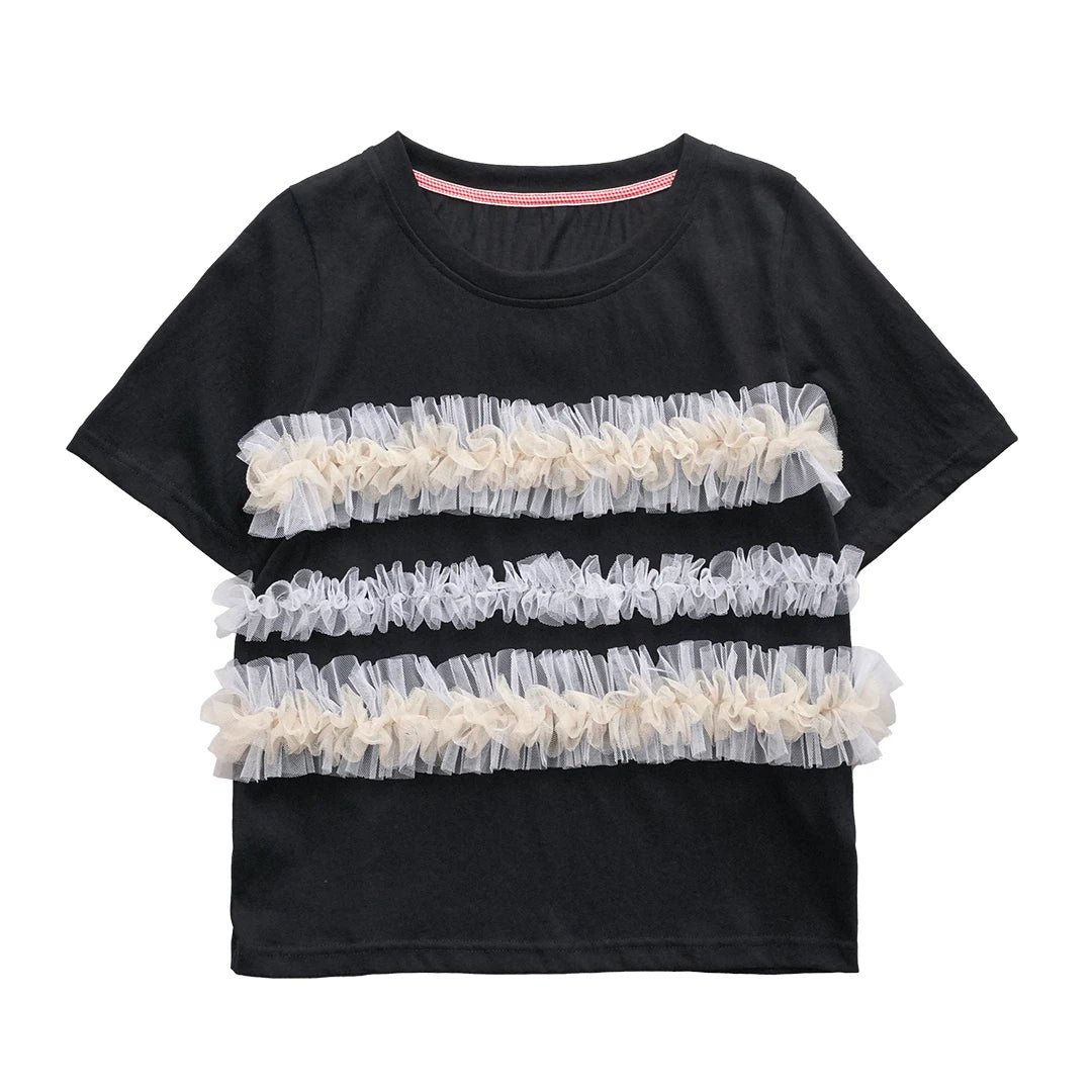 IMAKOKONI original design short sleeved round neck pullover mesh splicing black T-shirt summer 244684