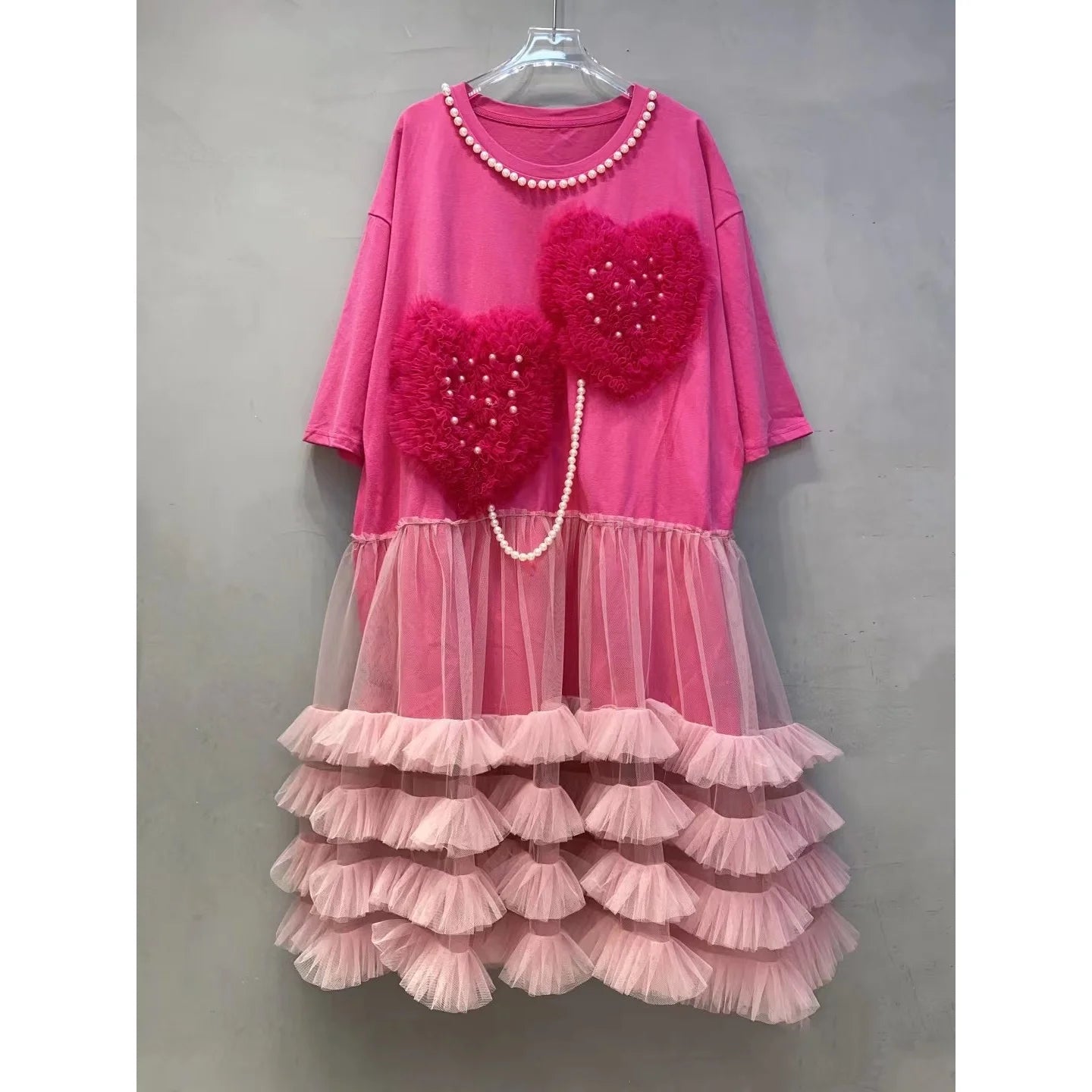 Chic Love Mesh Spliced Ruffles T-shirt Dress Pearls Beaded Chain Tassels Gauze Pleated Patchwork Tees Dress Jumpers Tops Vestido