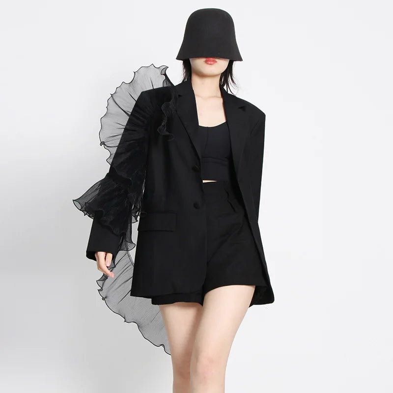 Spliced Mesh Ruffle Edge Suit Jacket Female Singer Dance Stage Performance Outfit Model Runway Red Carpet Fashion Clothing