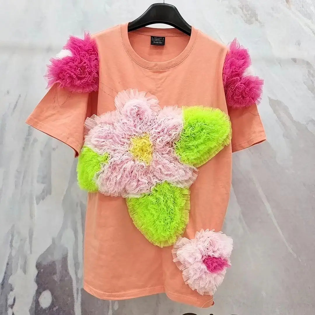 Luxury Mesh Patchwork Ruffles Flowers T-Shirts Loose Orange Gauze Pleated Floral Tees Lace Ruched Short Sleeves Jumpers Tops