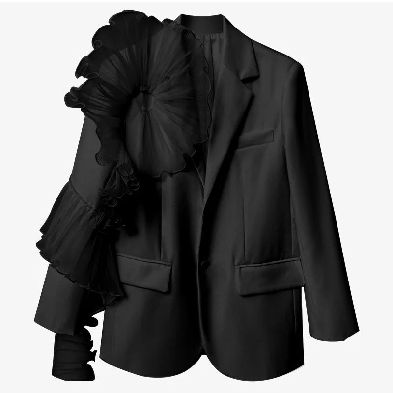 Spliced Mesh Ruffle Edge Suit Jacket Female Singer Dance Stage Performance Outfit Model Runway Red Carpet Fashion Clothing