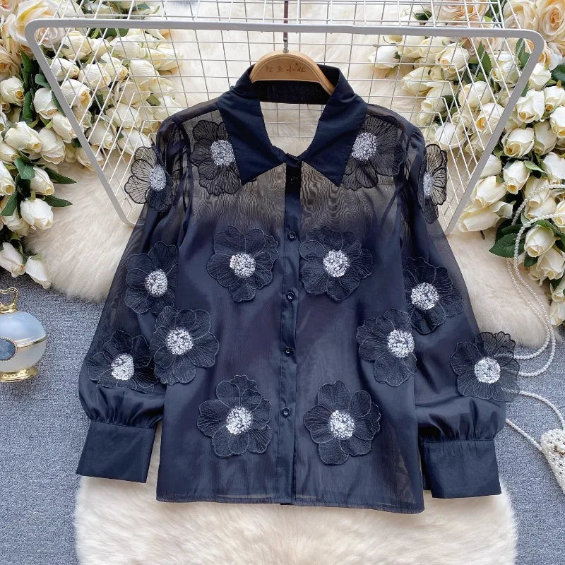 Neploe Heavy Beading Sequin 3D Flower Shirt for Women 2025 Spring New See Through Mesh Blouses Y2k Long Sleeve Blusas Mujer